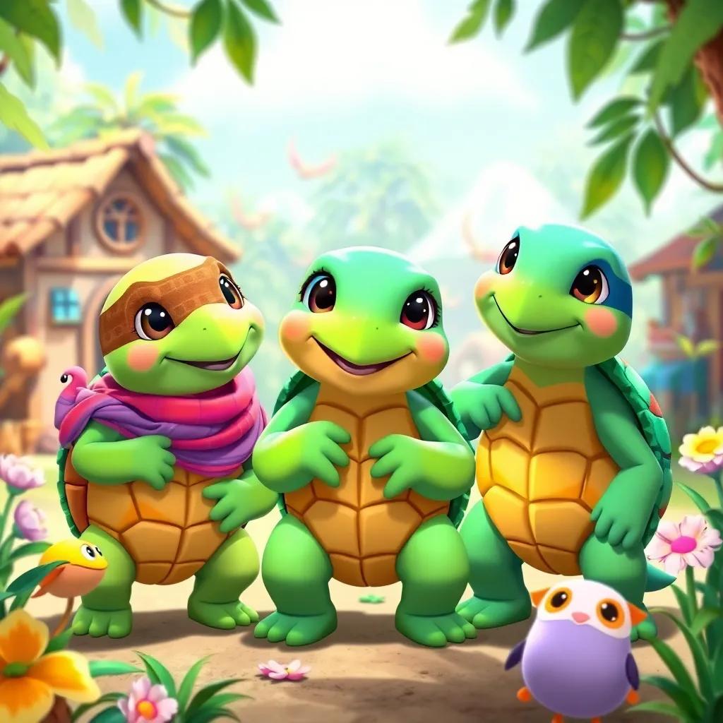 The three turtles in the village, depicting their unique personalities and colorful shells, surrounded by happy friends and playful interactions, lively and bright, community spirit