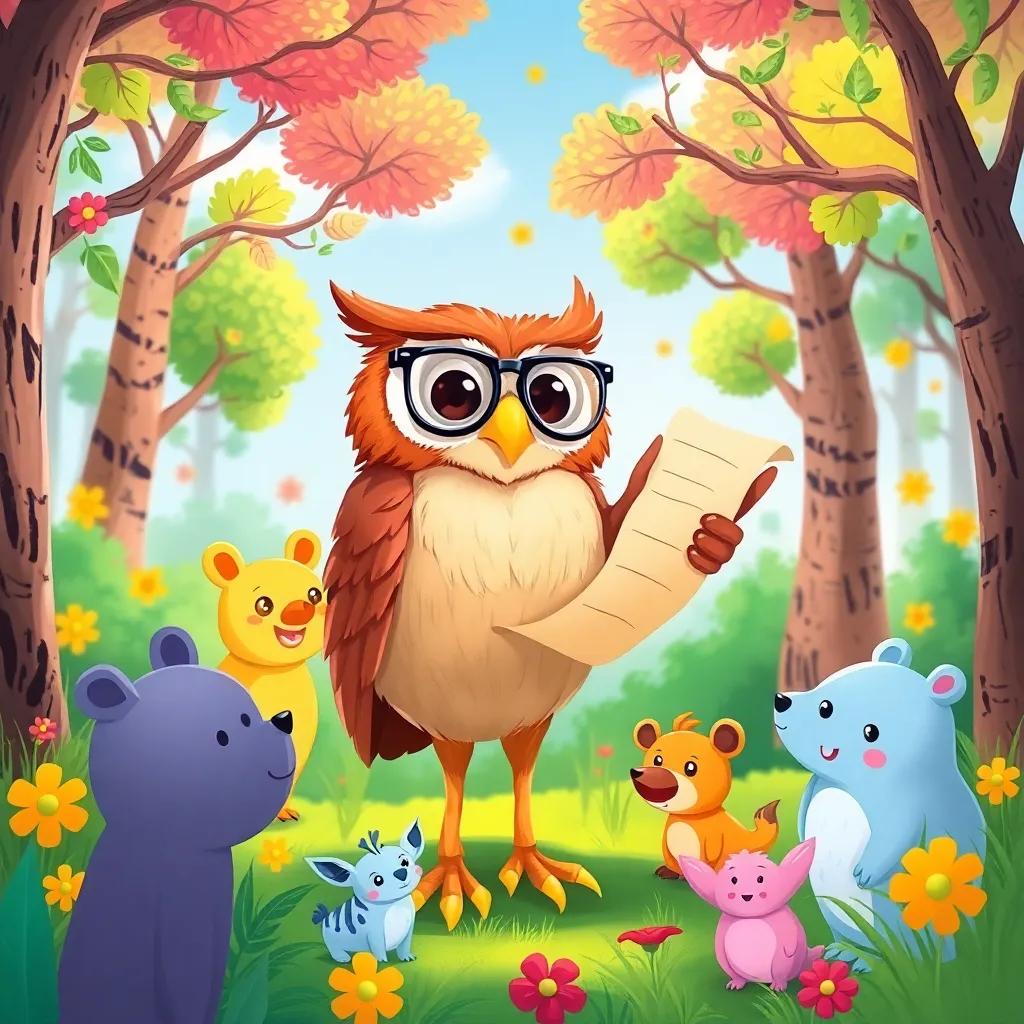 A bright day in a colorful forest filled with happy animals, a wise Owl wearing glasses, addressing them with a scroll in his wing, cheerful atmosphere, digital art, vibrant colors, sunny scene, high quality
