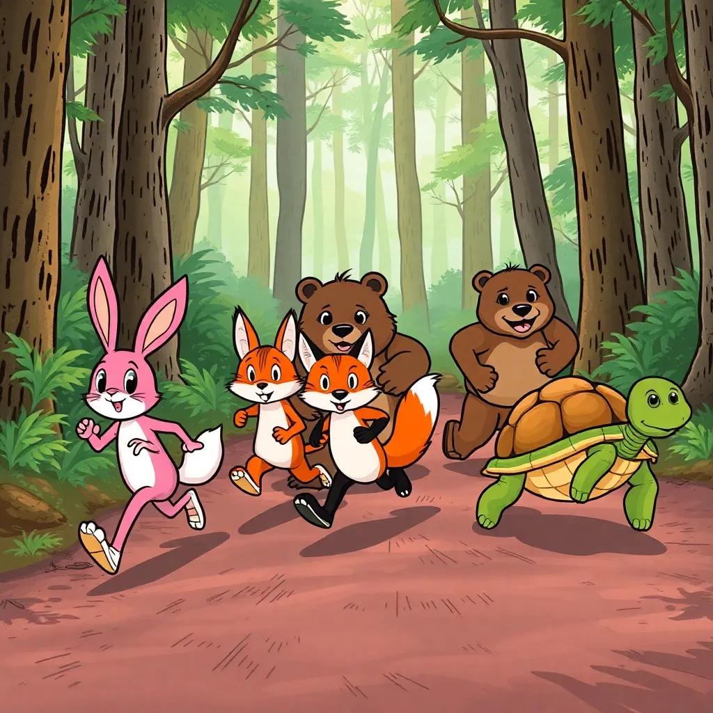 A lively race scene in the forest with Rabbit, Fox, Bear, and Turtle running together, Rabbit looking tired, Bear helping Fox, and Turtle slowly but surely advancing, showing determination, illustration, colorful and engaging, action shot, high quality