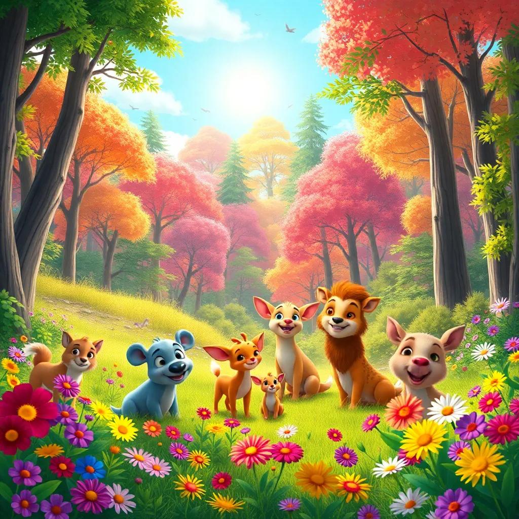 A sunny day in a colorful forest clearing, animals gathered, vibrant flowers blooming, happy expressions, digital art, cheerful atmosphere, high quality