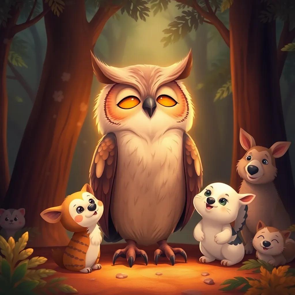 An owl singing a sweet melody, surrounded by attentive animals, rich forest background, enchanting vibes, illustration, warm tones, uplifting