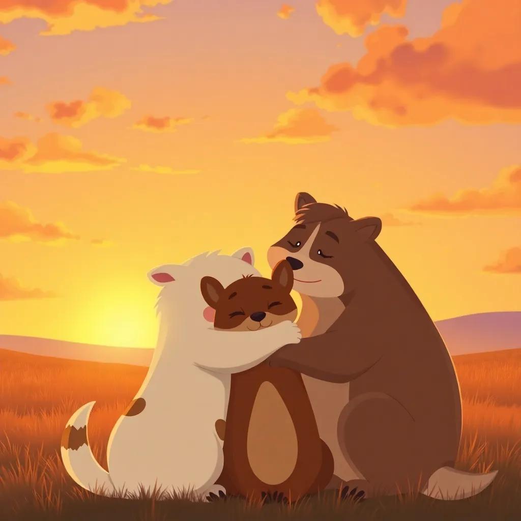 Animals embracing at sunset, warm golden and orange hues in the sky, promises of friendship and reunion, heartwarming scene, illustration, cozy atmosphere, high quality
