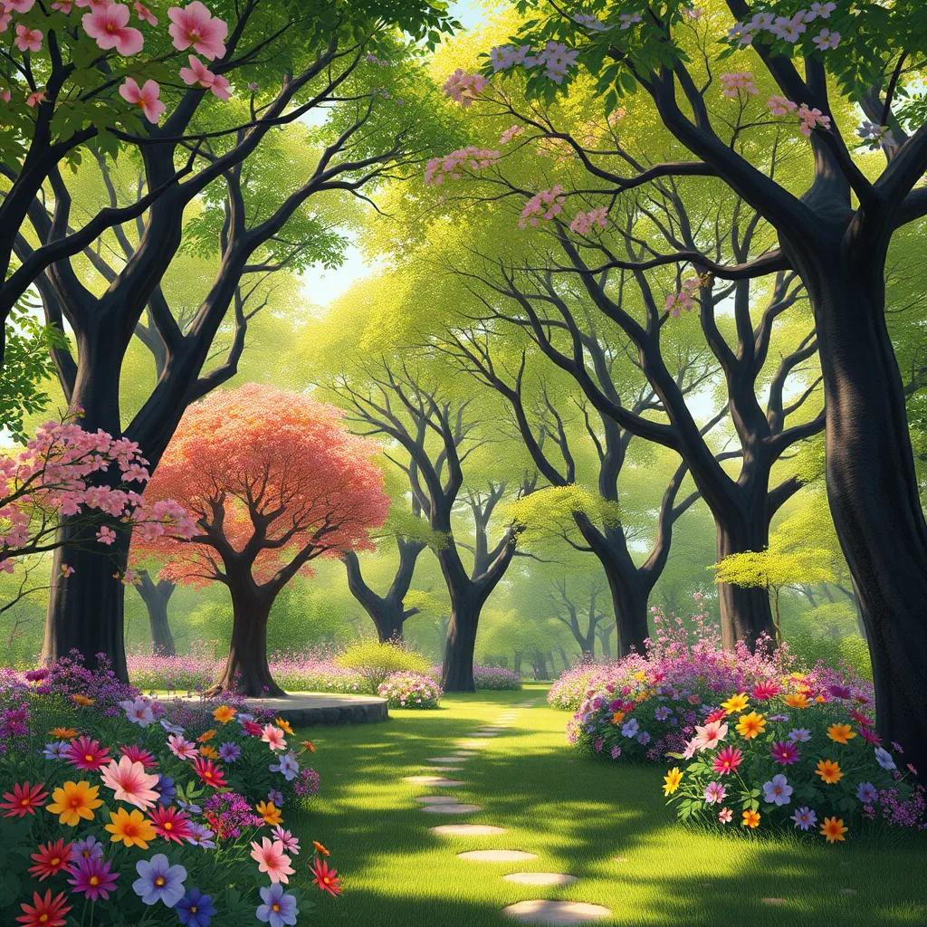 Un hermoso bosque con árboles verdes y flores de colores, animados con animales reunidos, en el centro León el león con melena dorada, ilustración vibrante, cálidos colores de primavera, perspectiva desde abajo, calidad alta, digital art, inviting atmosphere