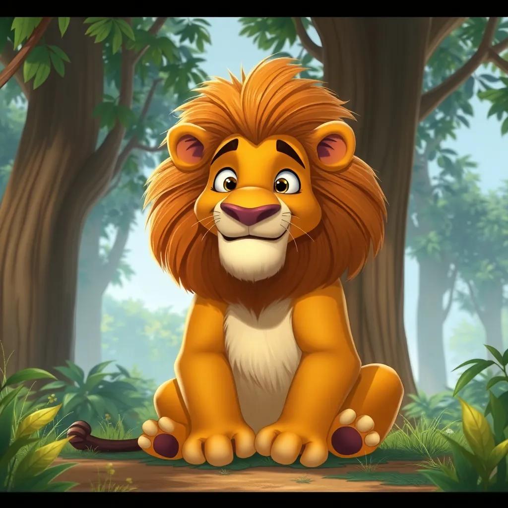 León el león, con su melena dorada, sentado en el claro del bosque mientras llama a sus amigos, con una gran trompeta hecha de hojas, estilo animado, colorido, perspectiva frontal, alegre, ilustración detallada