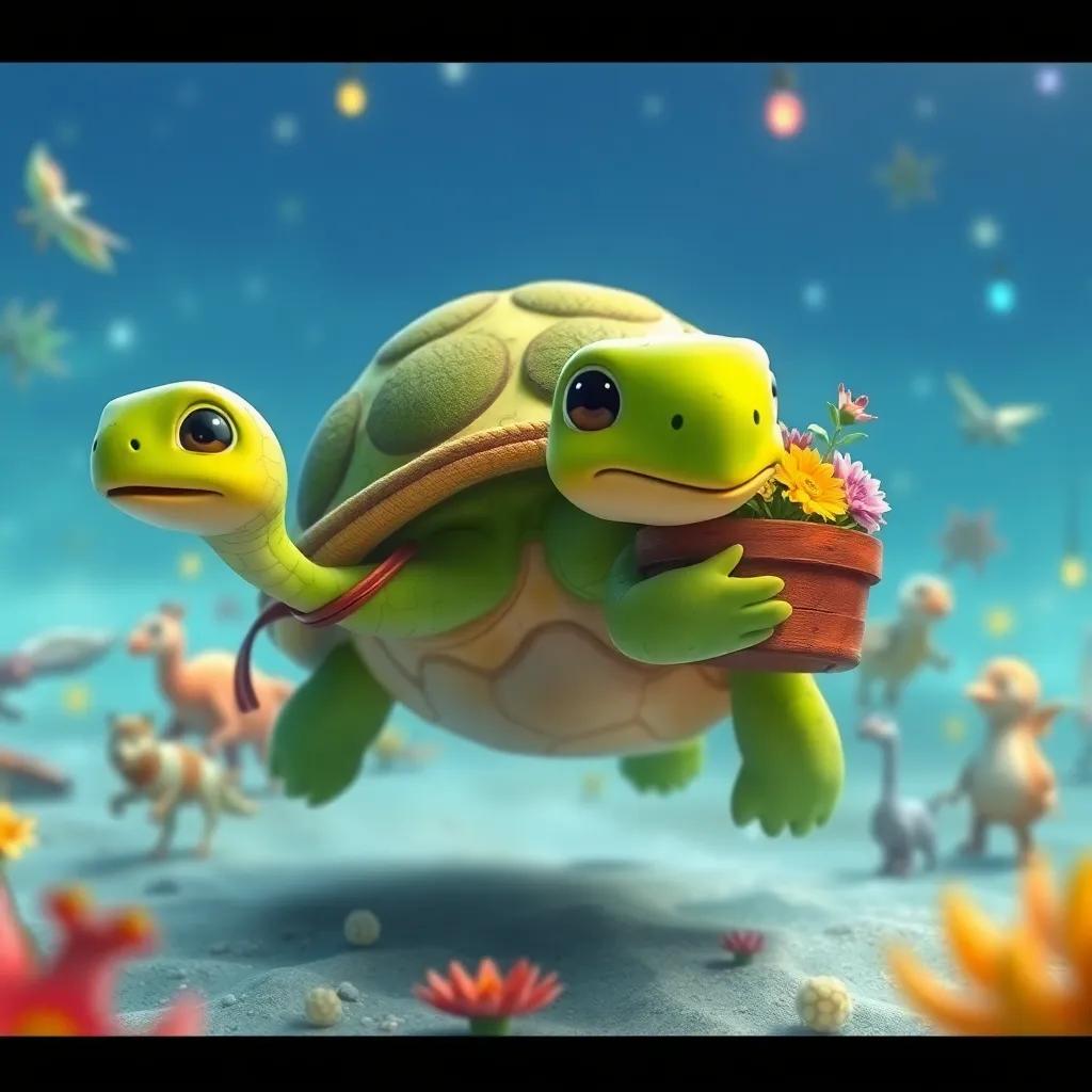 Tortuga con caparazón verde, llegando lentamente con una canasta de flores coloridas, rodeada de todos los animales en el claro, animación amigable, luces brillantes, cálido y alegre, enfoque cercano, alta calidad