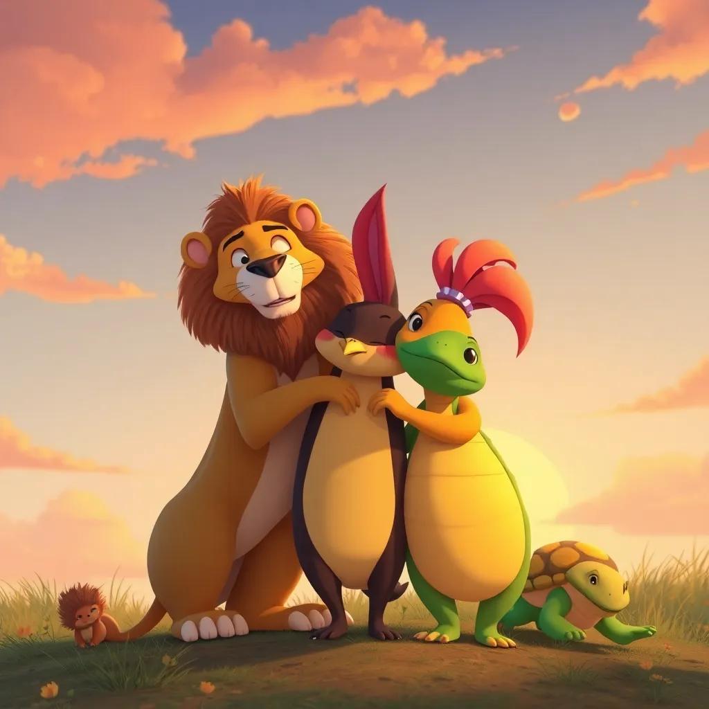 León, Coneja, Ardilla y Tortuga abrazándose al final del día, con un cielo suave de colores anaranjados y rosados, mostrando su amistad y la llegada de la primavera, ilustración emotiva, brillante y colorida, perspectiva amplia, ambiente feliz