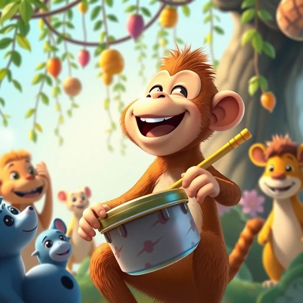 A playful monkey playing drums with enthusiasm, surrounded by other animals, hanging vines in the background, digital painting, bright colors, joyful vibe, high quality