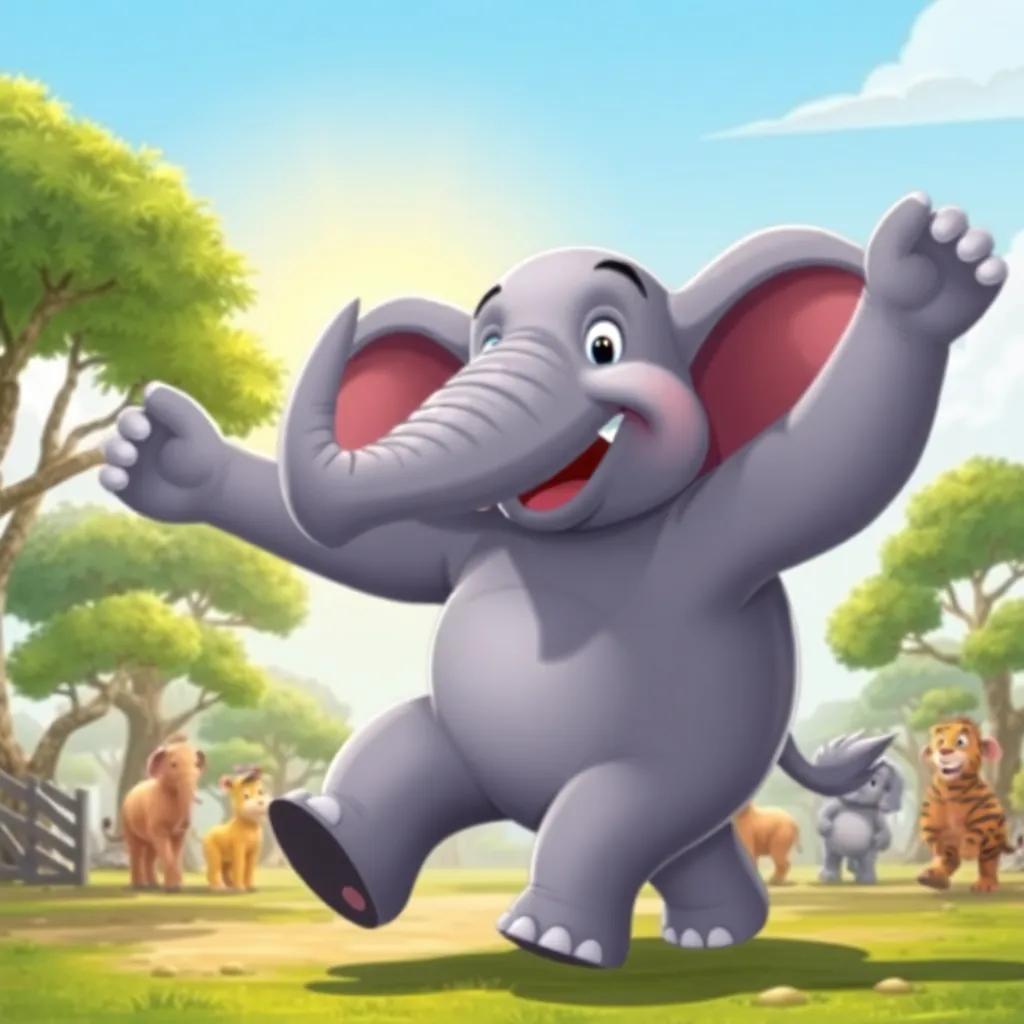 A large elephant dancing joyfully under the sun, with a big smile on its face, shaking its body, trees and other animals in the backdrop, illustration, cheerful style, vibrant colors, high quality