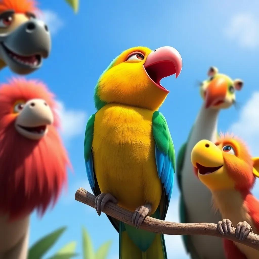 A colorful parrot singing on a branch, with a bright blue sky behind it, other animals looking up with admiration, digital art, vivid colors, happy expression, high quality