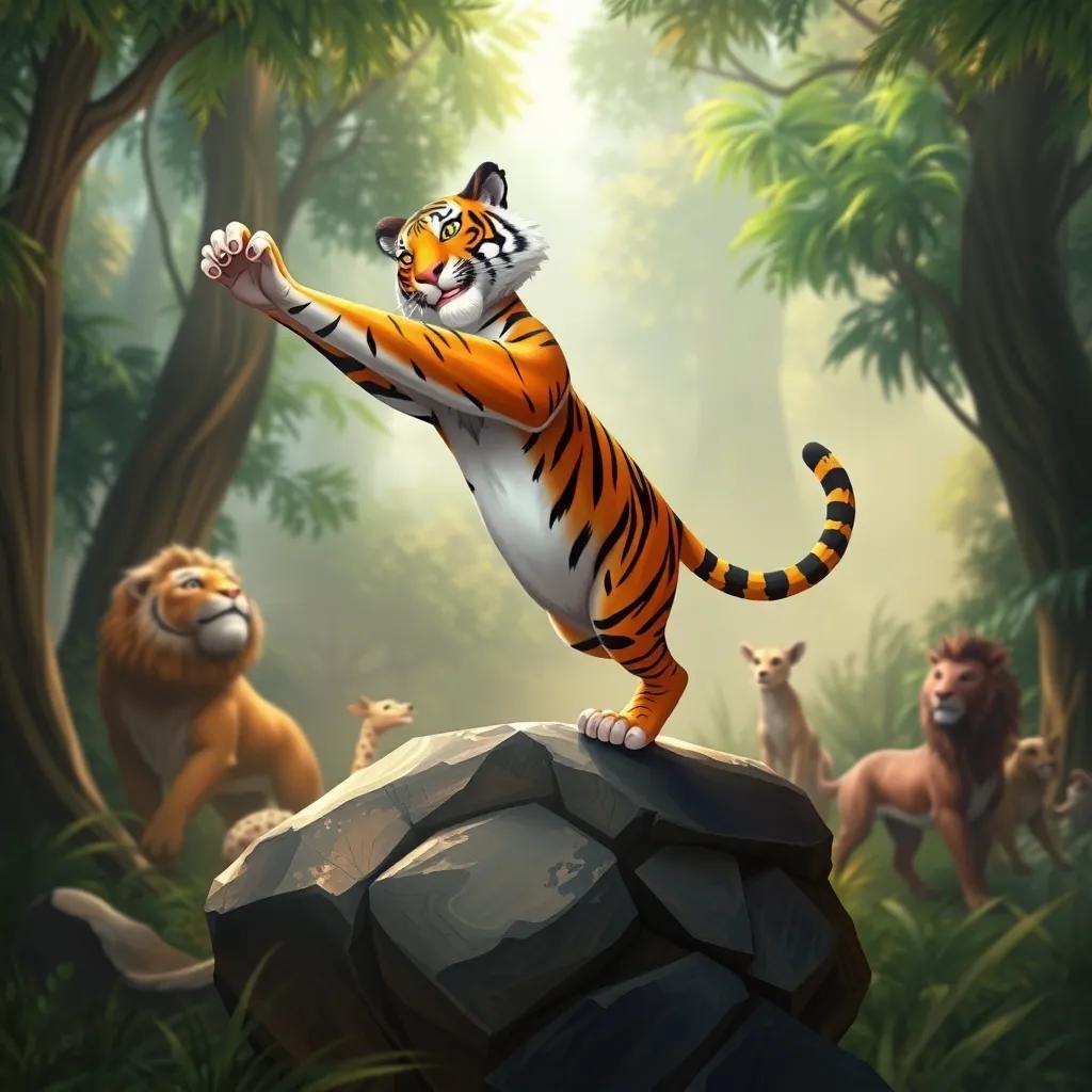 A graceful tiger dancing stylishly, standing atop a rock with other animals watching in awe, jungle background, dynamic pose, digital painting, beautiful colors, high quality
