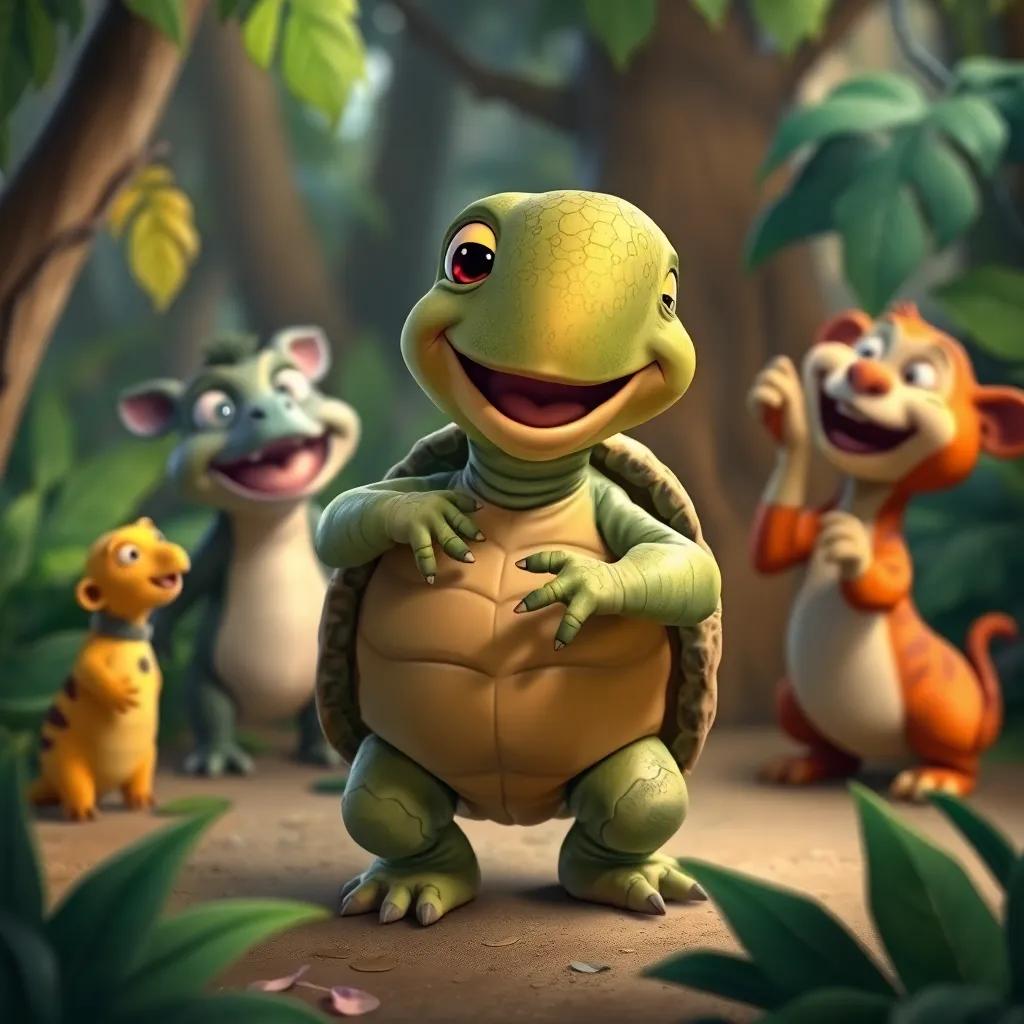 A slow turtle dancing in a funny way, smiling while other animals laugh and cheer, jungle setting around, whimsical style, playful colors, high quality