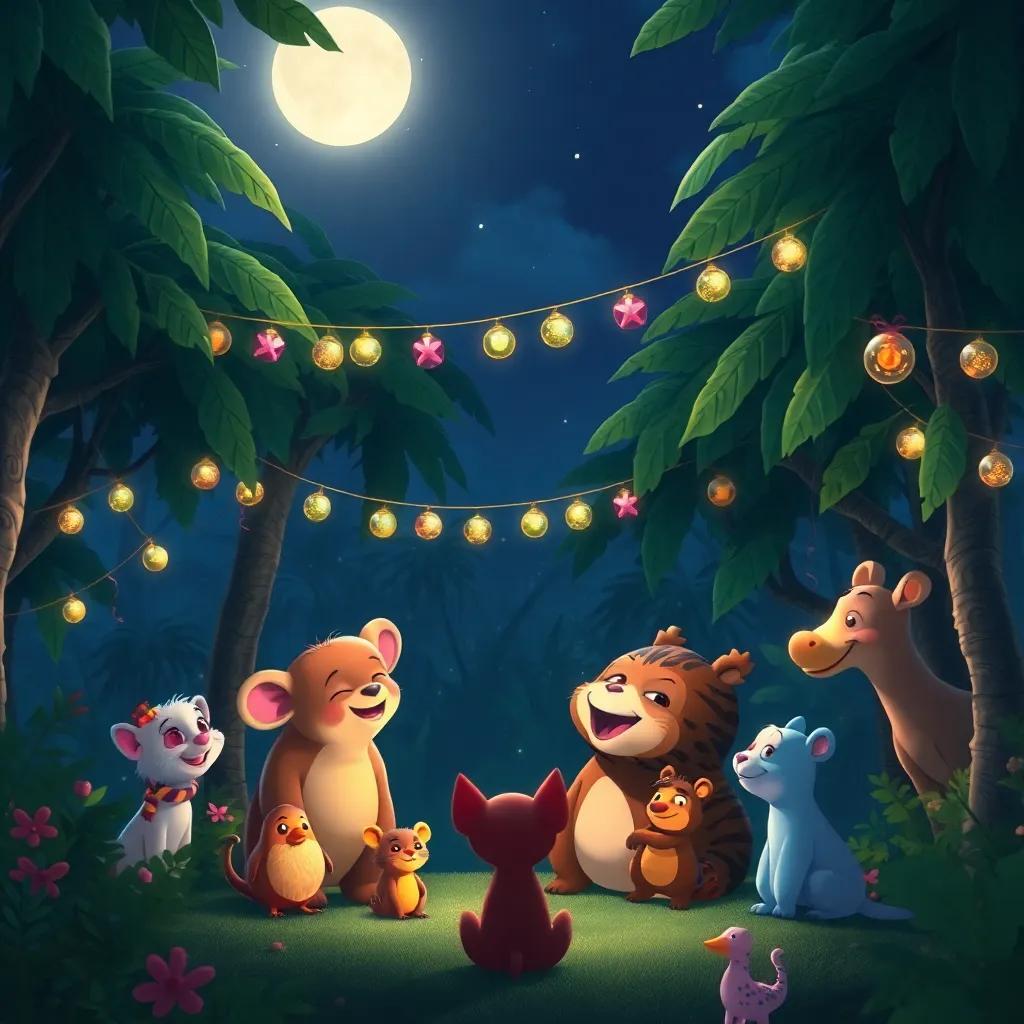 A beautiful night scene in the jungle after the party, animals smiling and talking together under moonlight, festive decorations hanging from the trees, digital art, peaceful atmosphere, soft colors, high quality