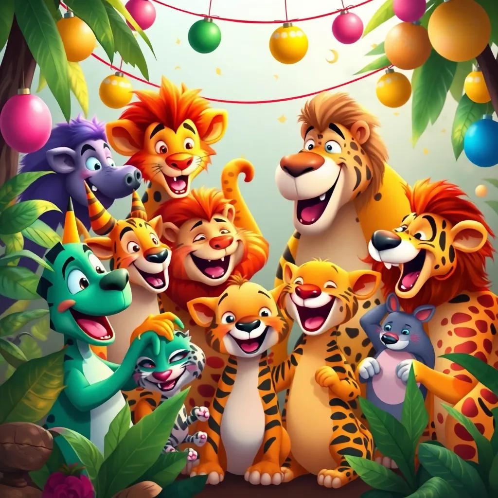 All the jungle animals together, happy and celebrating, with decorations, laughter, and music around, showcasing the joy of friendship, digital painting, colorful and inviting, high quality