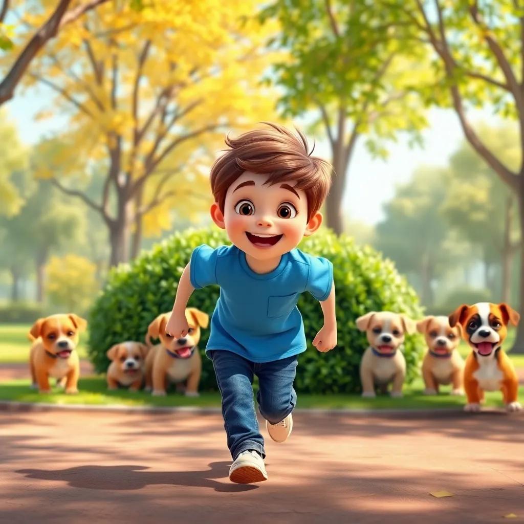 A sunny park with Samuel, an 11-year-old boy with short brown hair wearing a blue t-shirt and jeans, happily running towards a group of puppies behind a bush, digital art, bright colors, cheerful atmosphere, engaging perspective, joyful expression