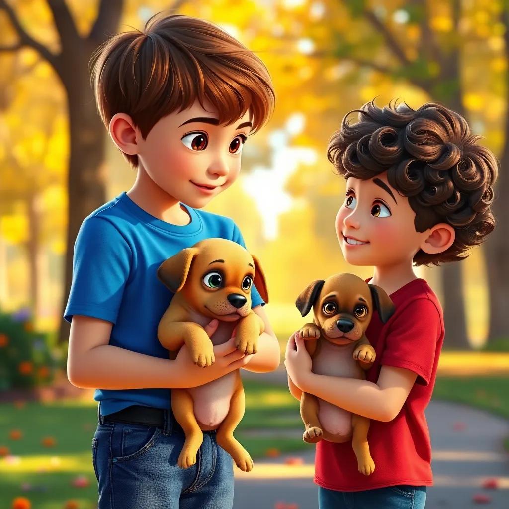 Samuel, an 11-year-old boy with short brown hair wearing a blue t-shirt and jeans, lifting a little puppy with big sad eyes, while his friend Lucas, a young boy with curly hair and a red t-shirt, holds another puppy, colorful park setting, warm light, heartwarming scene, vibrant colors