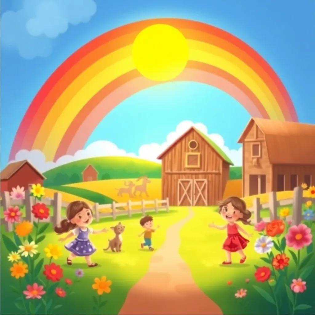 A beautiful farm with children playing under a bright sun, flowers in multiple colors in the background, vibrant rainbow in the sky, joyful atmosphere, digital art, lively, cheerful colors, high quality