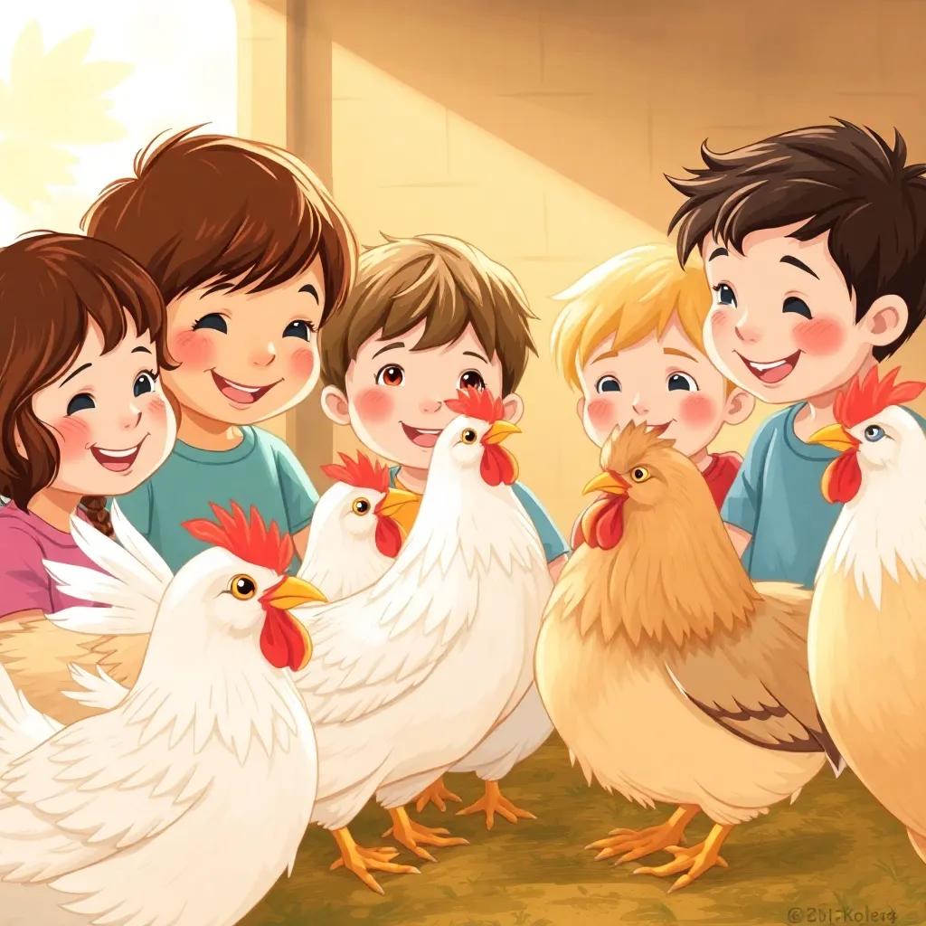 A group of happy children looking at chickens with white and golden feathers, soft sunlight illuminating the scene, playful farm environment, illustration, warm tones, inviting charm, high quality