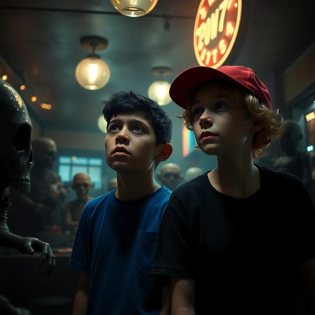 A dimly lit pizzeria at night with flickering lights, two friends in worry, one Hispanic boy with short dark hair in a blue t-shirt, and one Caucasian boy with curly blond hair in a red cap, surrounded by shadowy animatronics coming to life, suspenseful atmosphere, dark colors, thrilling ambiance, close-up view, high quality