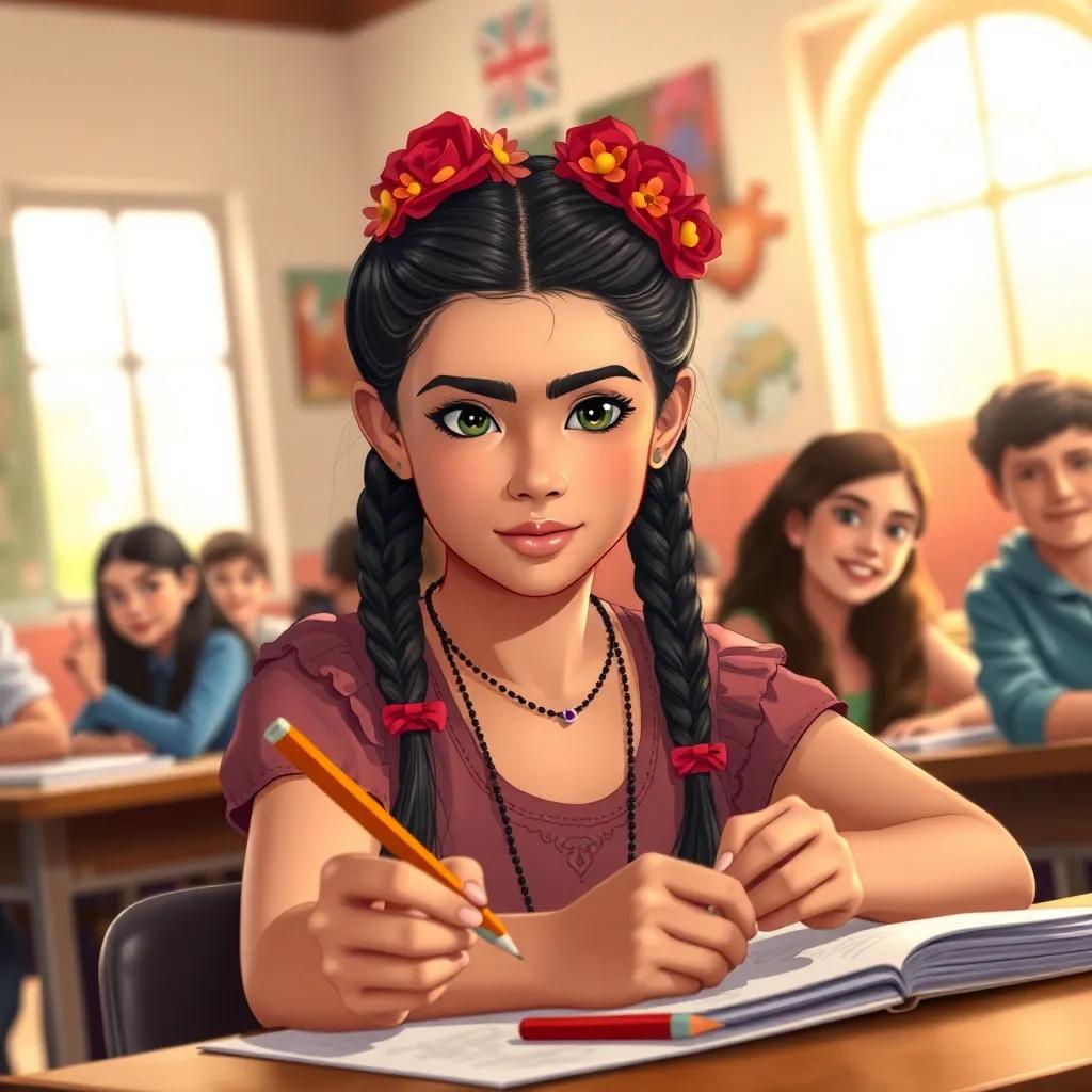 A teenage Hispanic girl, Frida Kahlo, with dark brown eyes and braided hair, drawing at the Escuela Nacional Preparatoria with friends around her, lively classroom, warm light, inspiring atmosphere, illustration, vivid colors, high quality