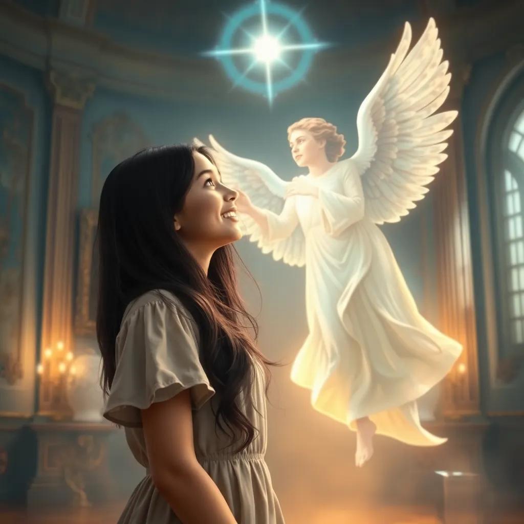 A bright angel appearing before María, a young woman, with long dark hair, wearing a simple dress, surprised and joyful expression, in a beautifully lit room, digital art, high quality, warm colors, inviting atmosphere