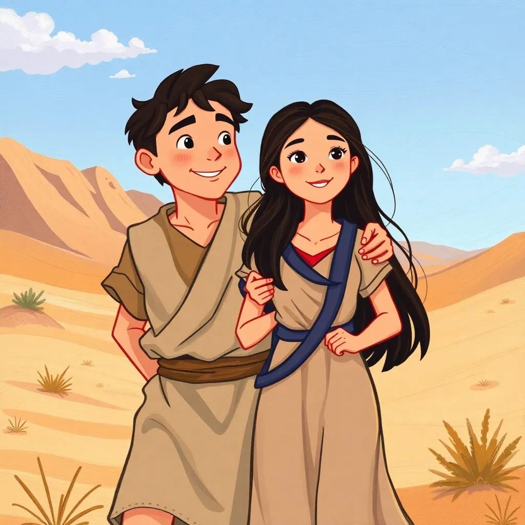 José, a caring man with short hair, wearing a simple tunic, helping María, a young woman with long dark hair in a simple dress, traveling through a desert landscape together, illustration, adventure, cheerful vibe, vibrant colors
