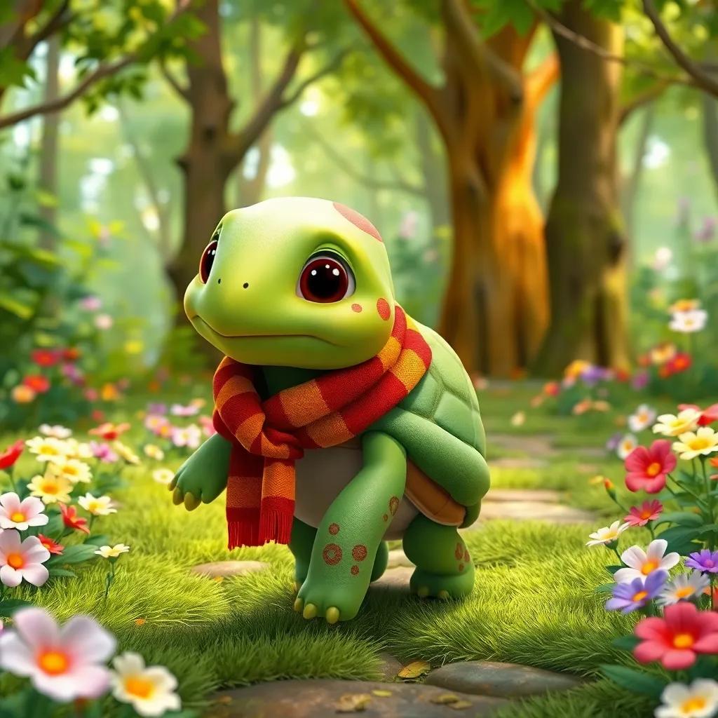 A turtle, Tula, with a green shell and brown spots, wearing a colorful scarf, walking in a lush forest filled with trees and flowers, cheerful atmosphere, digital art, vibrant colors, children-friendly