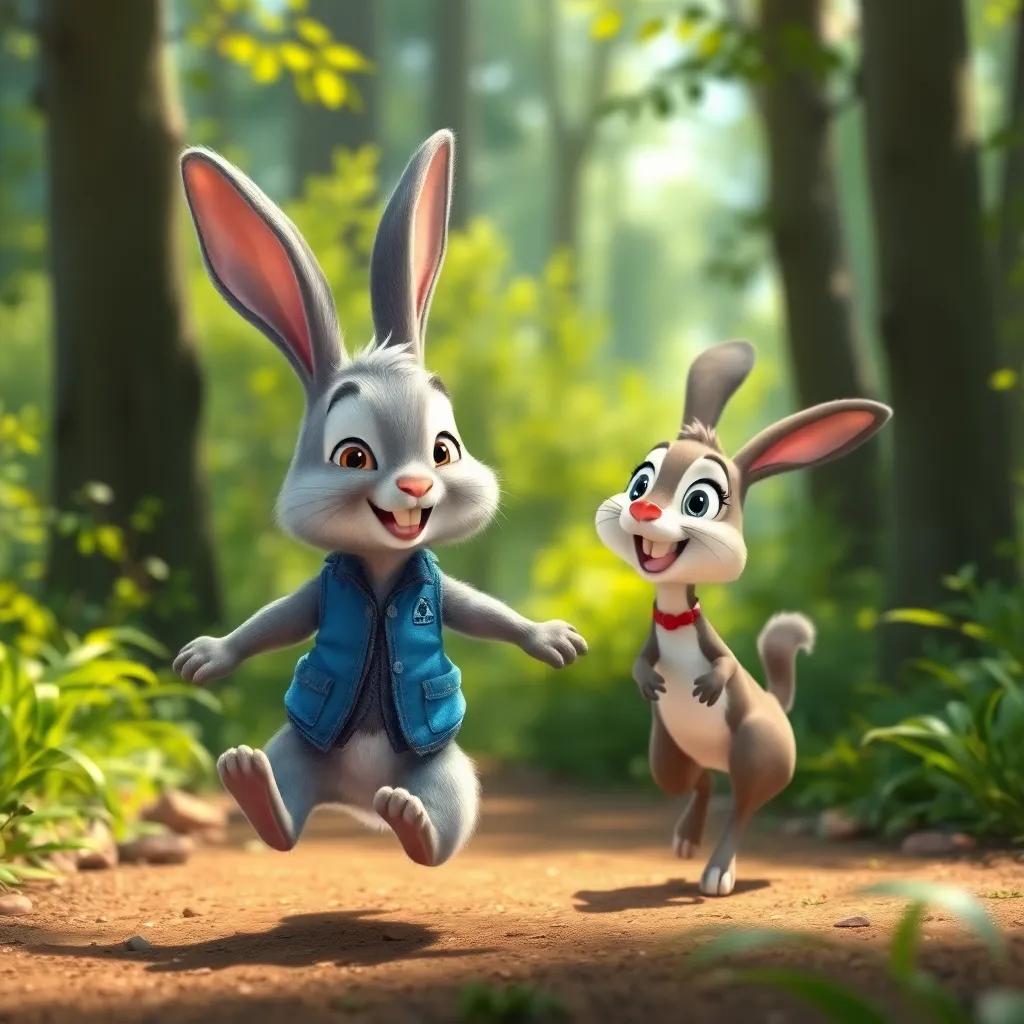 A rabbit, Carlos, with gray fur and big ears, wearing a small blue vest, hopping excitedly beside Tula in the forest, surrounded by bright greenery, joyful setting, illustration, light-hearted