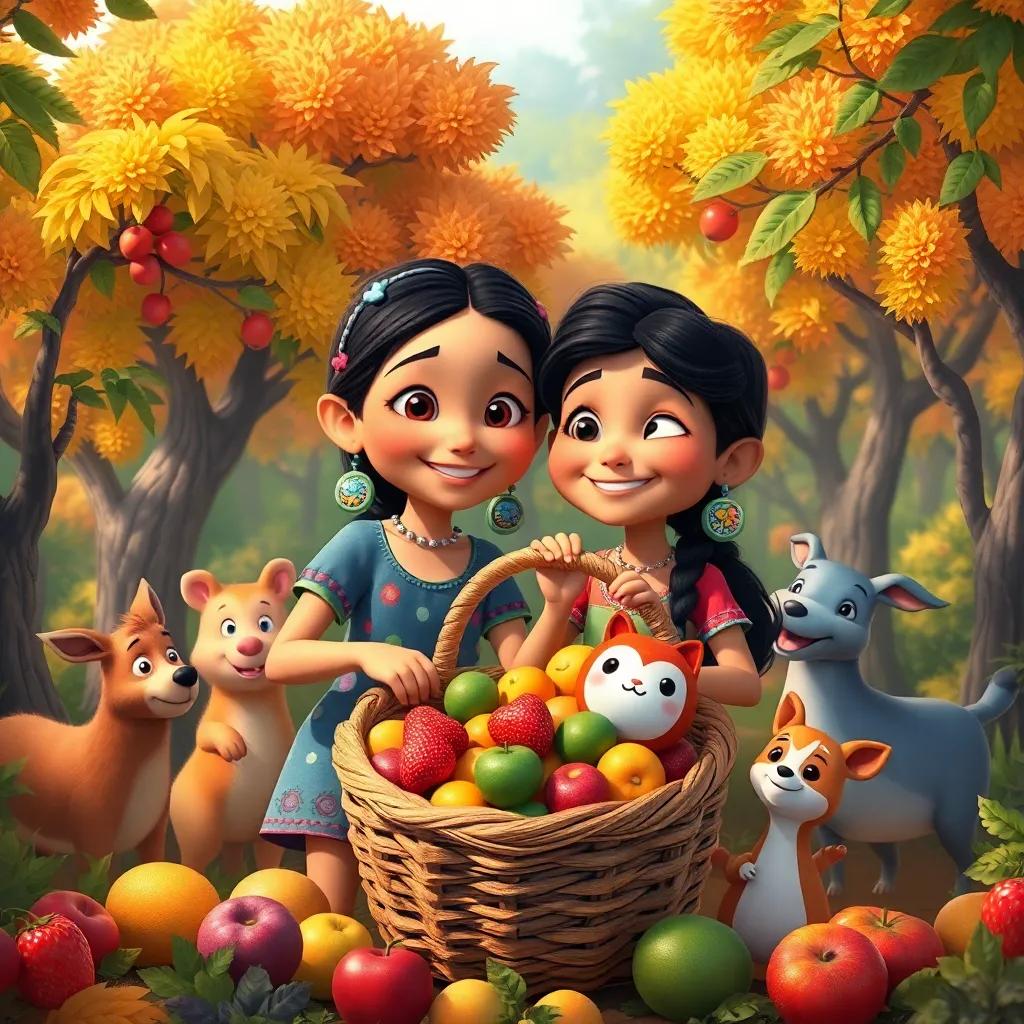 Tula and Carlos together, gathering fruits from colorful trees, with a big basket full of fruits, smiling animals around them, lively forest background, whimsical style, captivating art