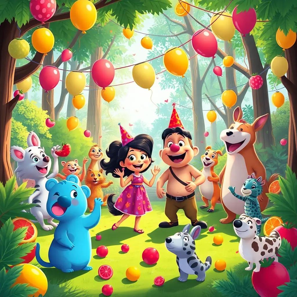 Animals celebrating a big party in the forest, with Tula and Carlos at the center, colorful fruits, balloons, and happy animals dancing in a warm, sunny environment, festive illustration, fun