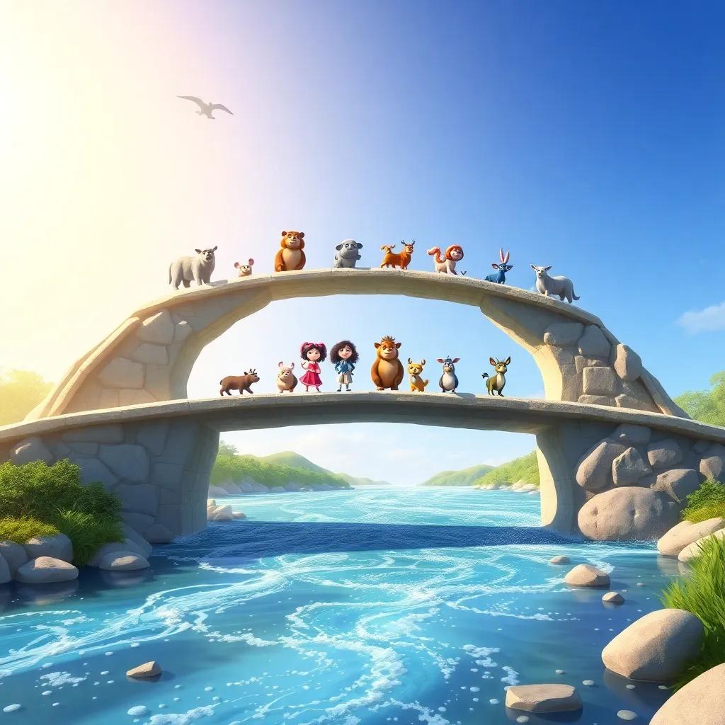 A beautiful bridge made by animals over a sparkling river, with Tula and Carlos proudly standing together, bright blue sky above, cheerful animals crossing the bridge, enchanting scenery, heartwarming digital art