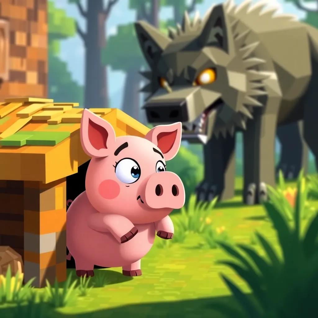 A Minecraft pig named Porky, with a straw house, looking scared while a big green wolf huffs and puffs nearby, pixel art, bright colors, playful atmosphere, vibrant details