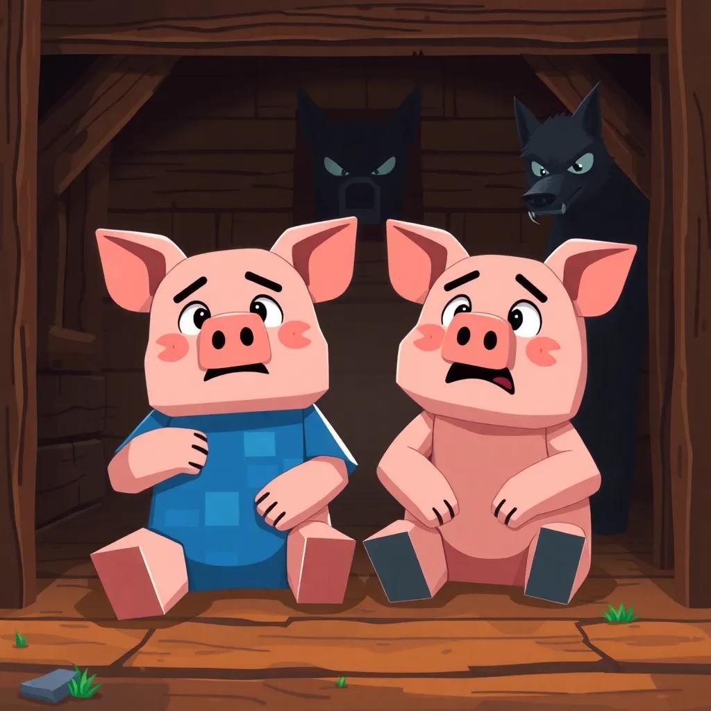 Two Minecraft pigs, Porky and Curly, sitting together in Curly's wooden house, looking frightened as the big wolf approaches, pixel art, warm tones, humorous scene, adventurous