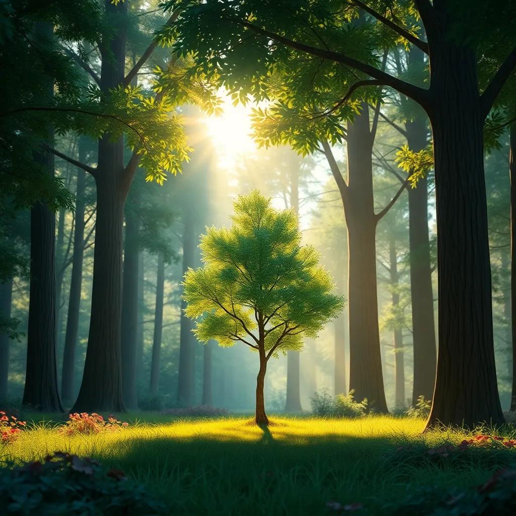 A small tree in a vibrant forest, surrounded by tall trees, sun shining through the leaves, digital art, bright colors, cheerful atmosphere, inviting scene, high quality