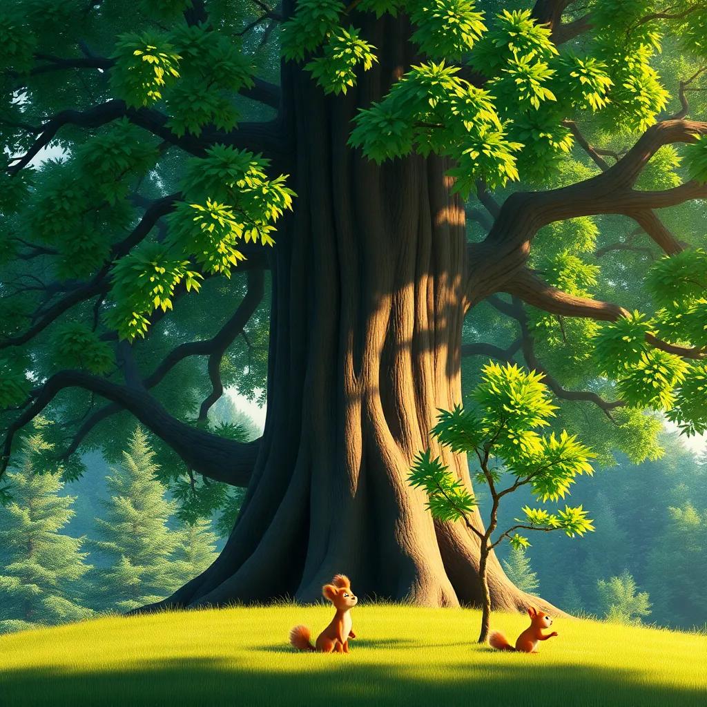 A tall majestic tree with green leaves, with a small tree looking up with envy, a little squirrel nearby, playful and warm light, beautiful scenery, child-friendly