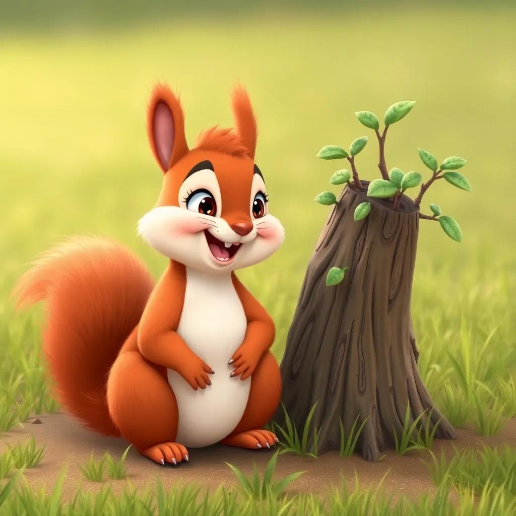 A cute squirrel talking to the small tree, with a cheerful smile, sitting on the ground, green grass around, animated style, vibrant colors, friendly atmosphere, high quality