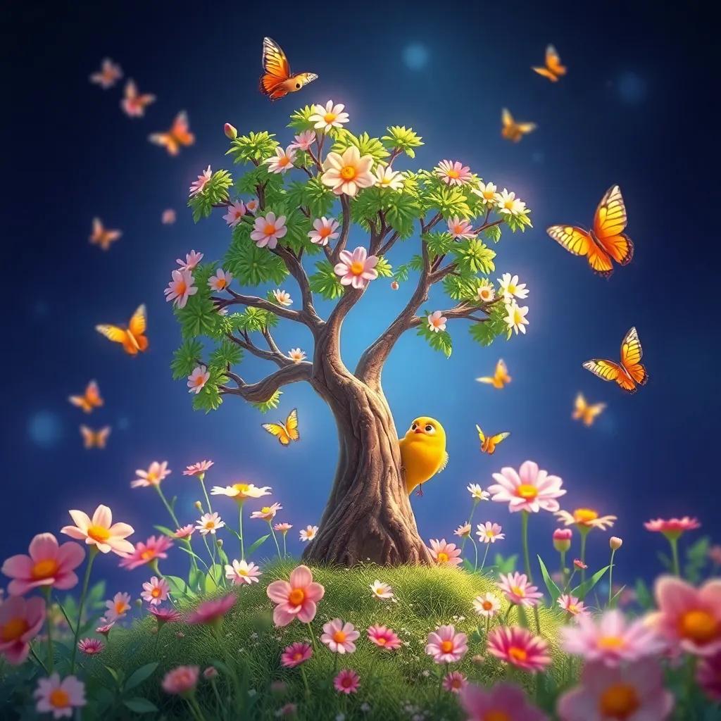 The small tree happily observing flowers and birds around it, with bright blossoms and colorful butterflies fluttering near, whimsical style, joyful lighting, lively scene, high quality