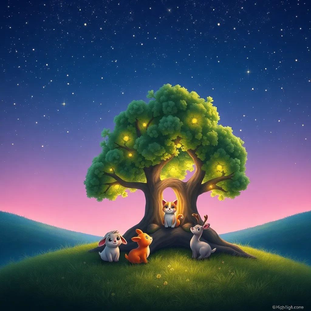 The small tree as a cozy shelter for little animals, under a starry night, with twinkling stars above, glowing softly, colorful and magical appearance, heartwarming scene, high quality