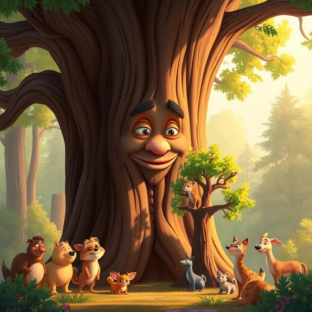 An old oak tree with a wise expression, talking to the small tree, surrounded by various forest animals, warm golden light, friendly scene, illustration, inviting mood, detailed