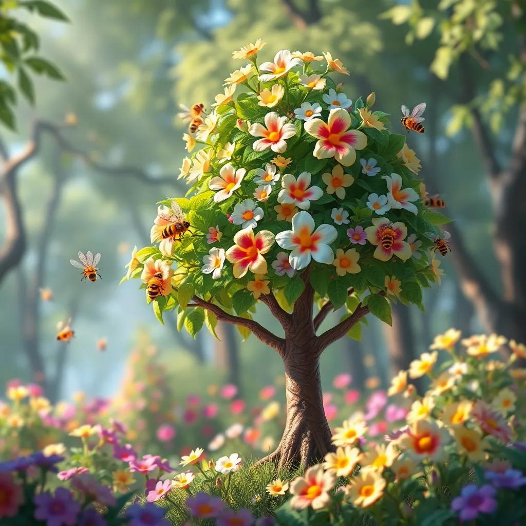 A small tree adorned with beautiful flowers, with bees buzzing around it, in a lively forest, vibrant colors, cheerful and lively atmosphere, digital painting, high quality, engaging perspective