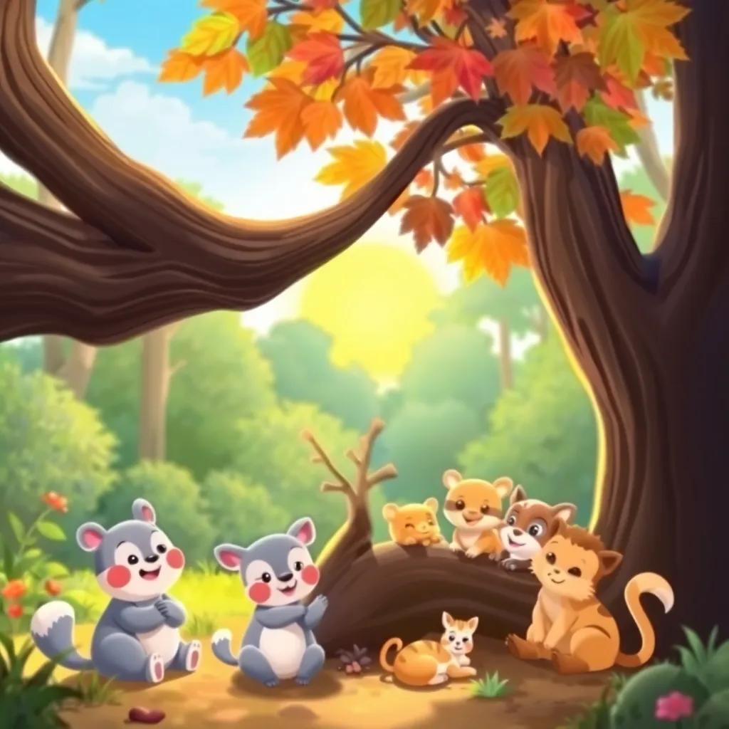 Forest animals playing and resting in the shade of the small tree, colorful leaves above and a sunny background, joyful scene, cartoon style, bright colors, child-friendly
