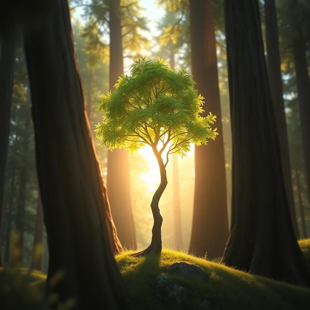 The small tree standing proudly among taller trees, basking in the daylight, showcasing its unique beauty, heartwarming scene, rich colors, uplifting imagery