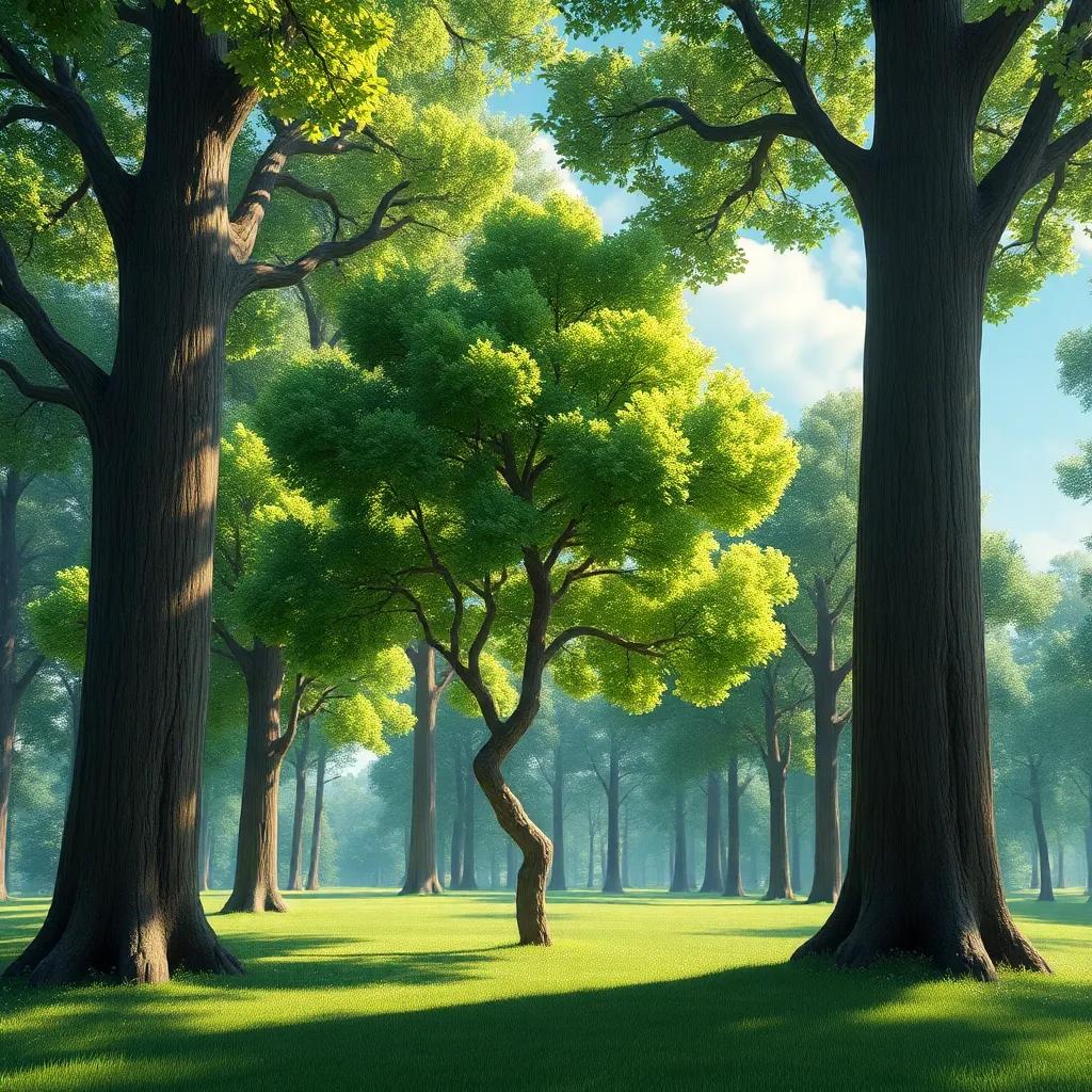 Un pequeño árbol en un hermoso bosque, rodeado de árboles altos, con hojas verdes y un cielo brillante, digital art, colorido, atmósfera alegre, detalle