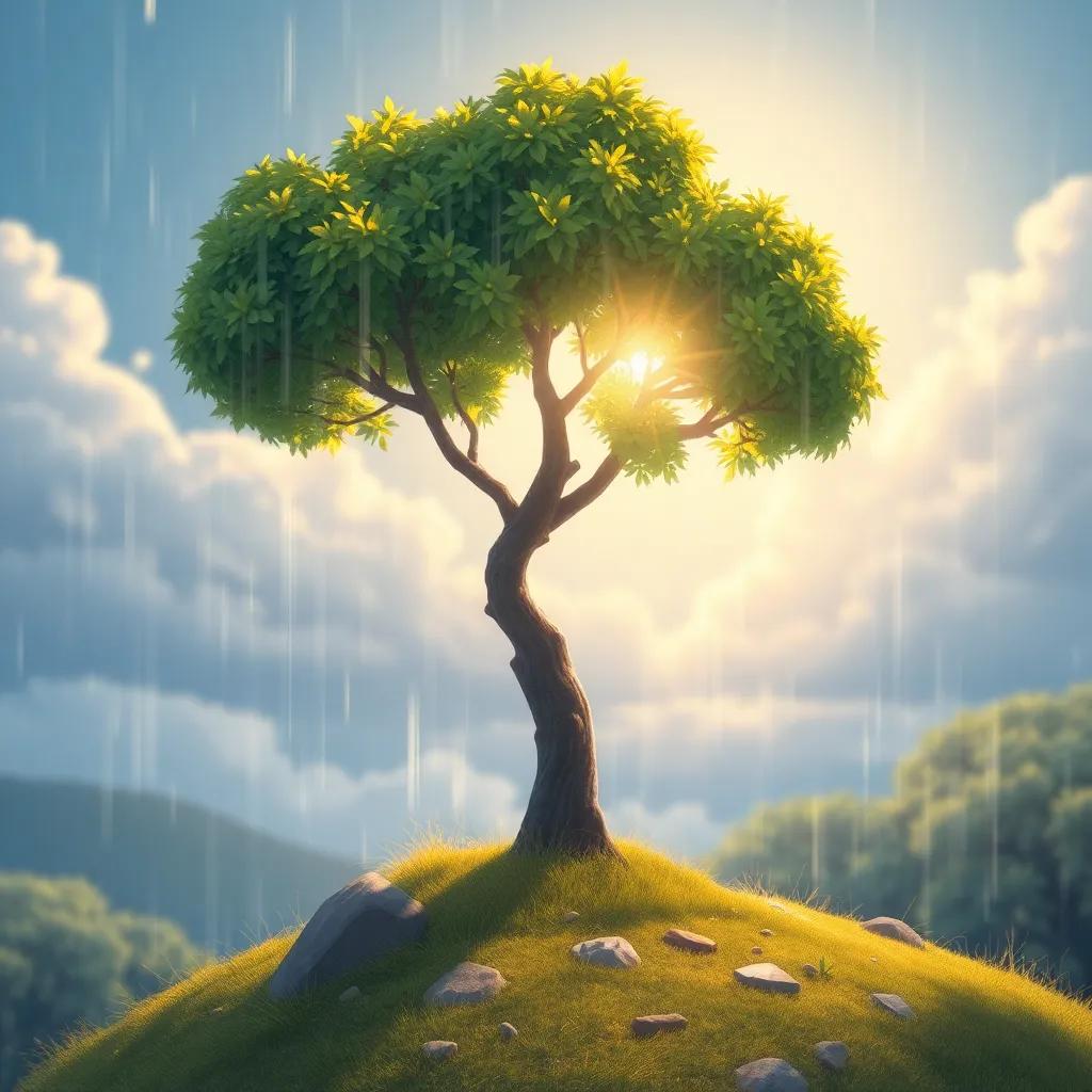 Un pequeño árbol esforzándose por absorber la luz del sol y la lluvia, mientras se estira, con nubes en el fondo, ilustración, vibrante, emocional, vista alegre