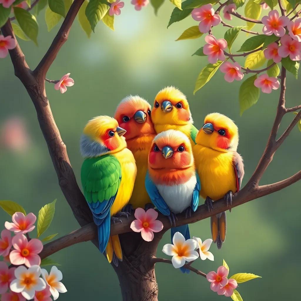 Un grupo de pajaritos coloridos posados en las ramas del pequeño árbol, riendo y jugando, con flores a su alrededor, digital painting, cálido, amigable, alta calidad