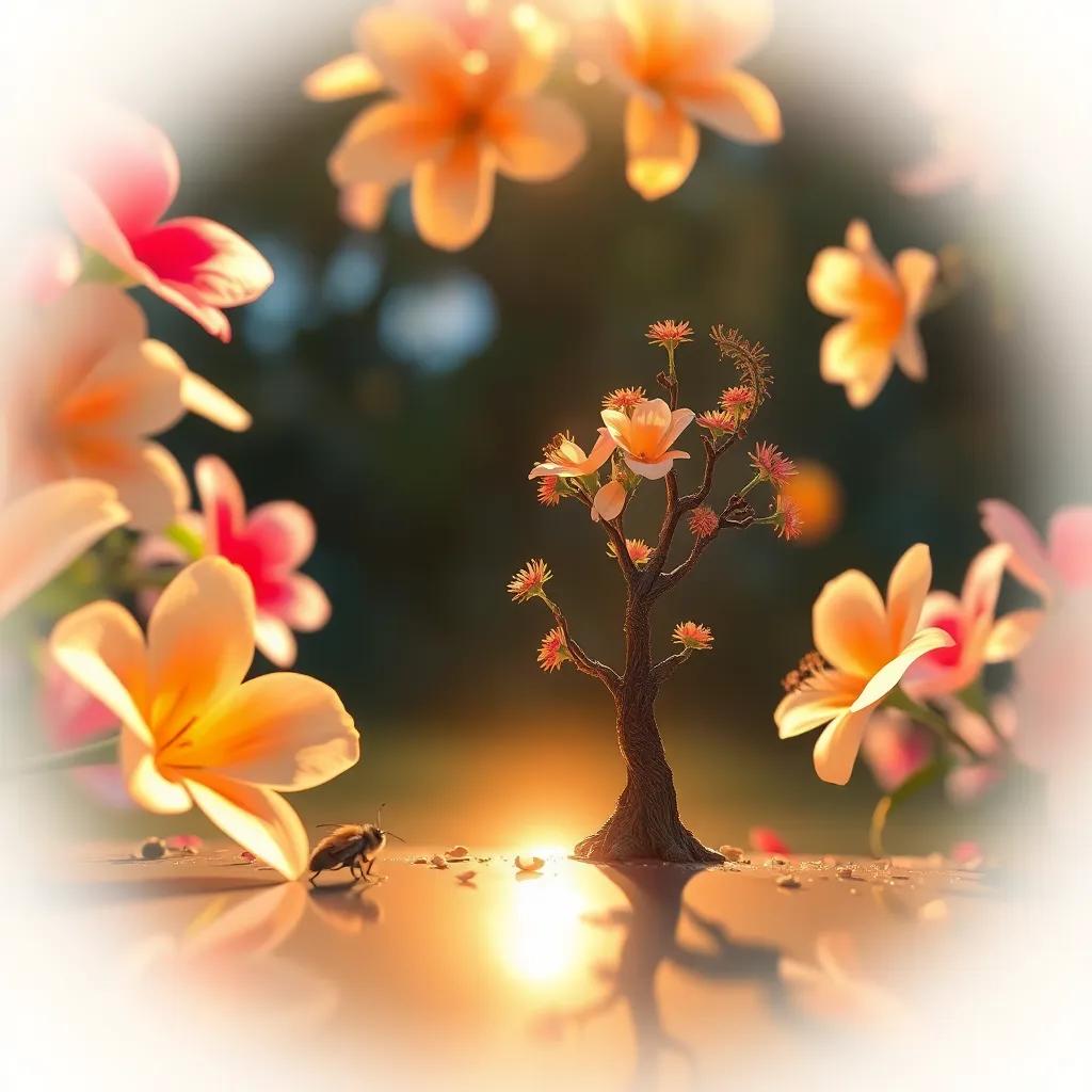 El árbol pequeño mirando grandes flores a su alrededor y disfrutando del brillo del sol, junto a insectos que ríen, colorido, luz natural, perspectiva reflexiva