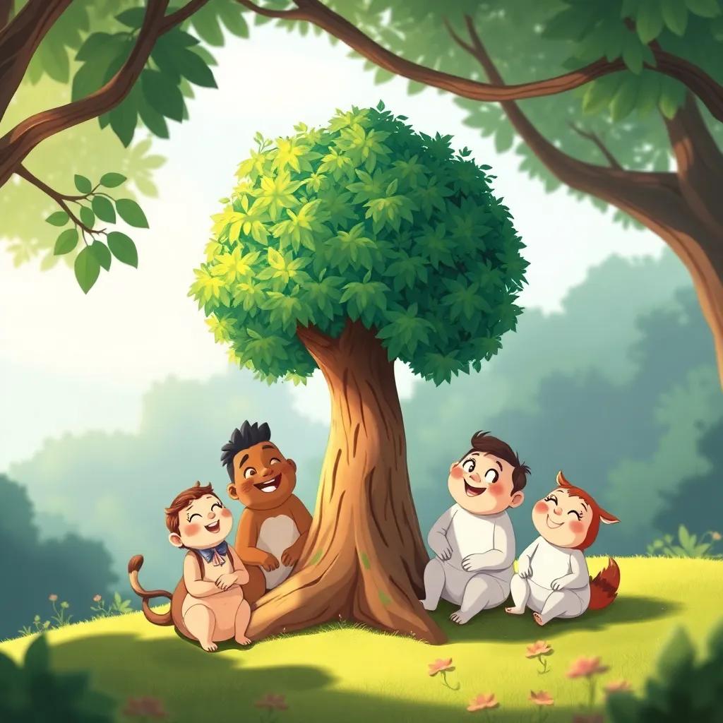 El árbol pequeño, sonriente, rodeado de amigos del bosque, todos felices, disfrutando de la vida juntos, ilustración, alegre, comunidad armoniosa, calidad encantadora