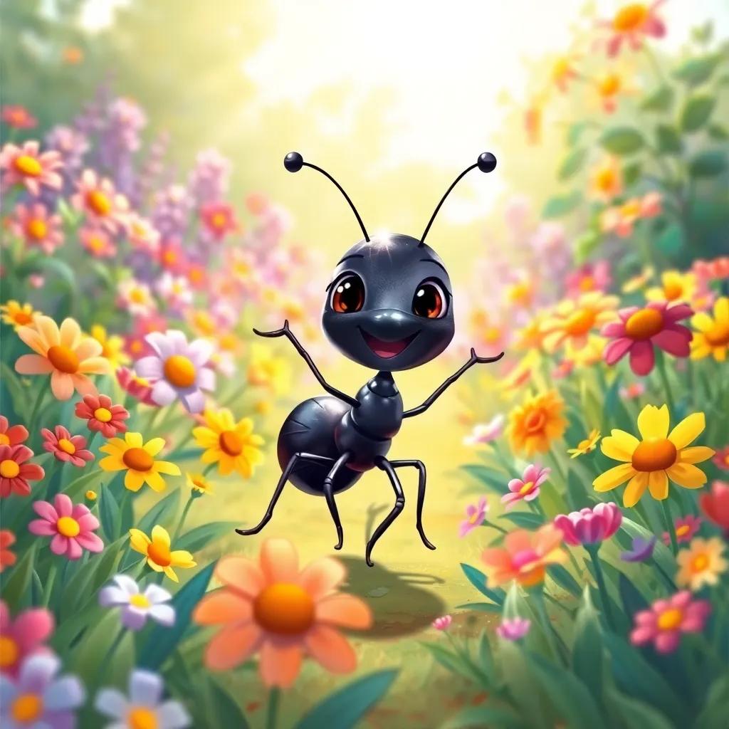 A small, excited ant named Mía with shiny black body and tiny eyes, walking happily through a colorful garden filled with vibrant flowers, bright sunlight shining down, cheerful and inviting atmosphere, digital art, high quality