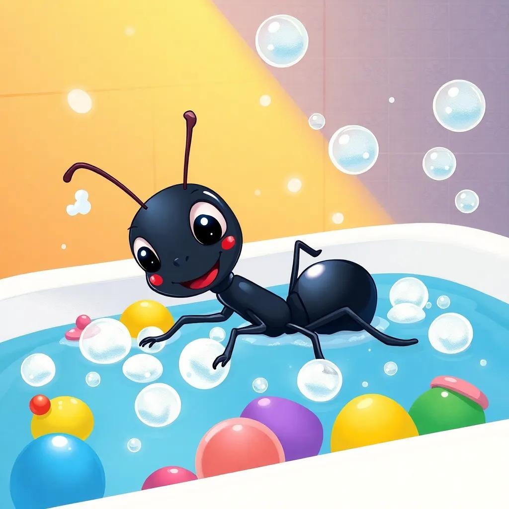 A small ant named Mía, happily playing in a bathtub filled with bubbles, her shiny black body glistening in the water, surrounded by colorful bath toys, warm light illuminating the scene, cheerful and playful, illustration, high quality