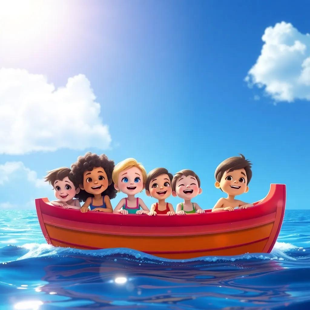 Un grupo de niños felices en un barco de colores brillantes, navegando en un mar azul, con sonrisas en sus rostros, bajo un cielo soleado, digital art, vibrante, alegre, perspectiva iluminada, alta calidad