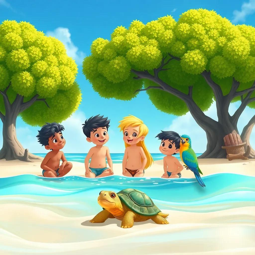 Un grupo de niños en una playa dorada, rodeados de árboles verdes y un cielo azul, con animales que les hablan, como una tortuga sabia y un loro colorido, ilustración, alegre, llena de vida, alta calidad